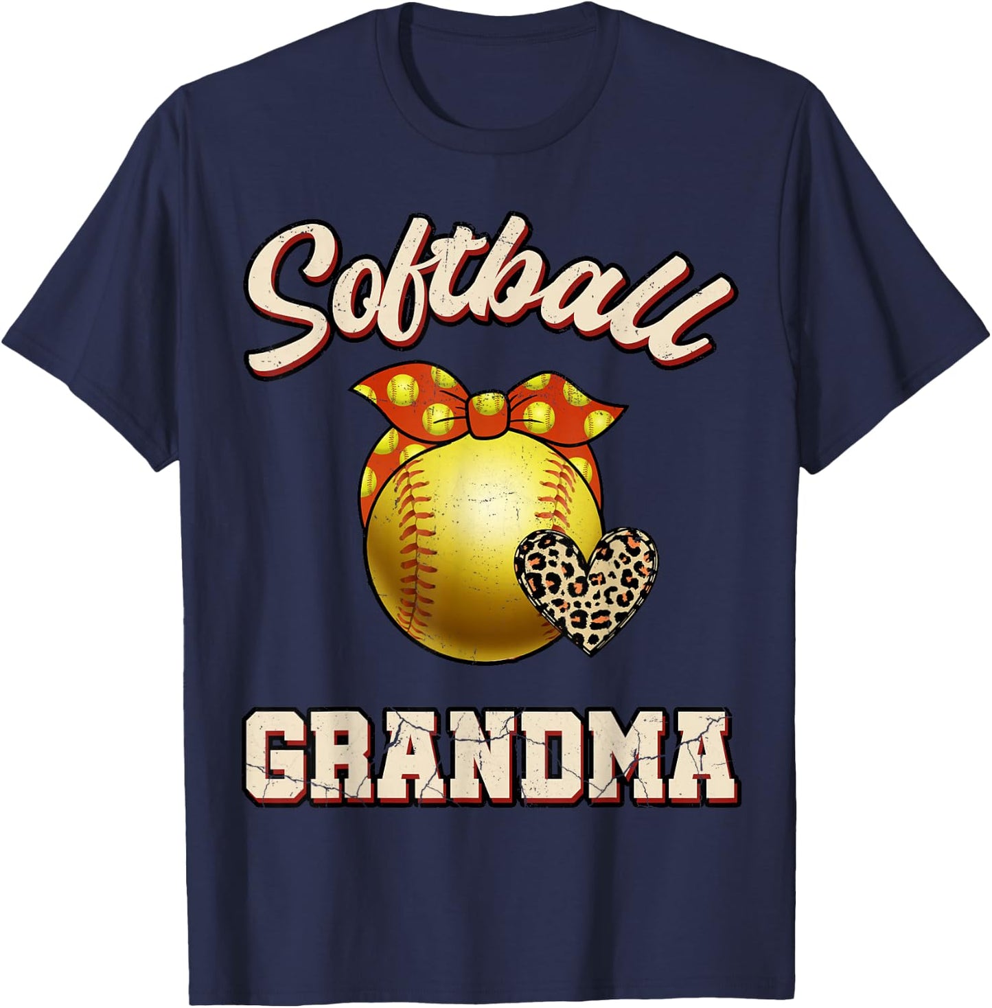 Softball Grandma Leopard Heart Fans Mother's Day Gift T-Shirt - T-Shirt | Navy