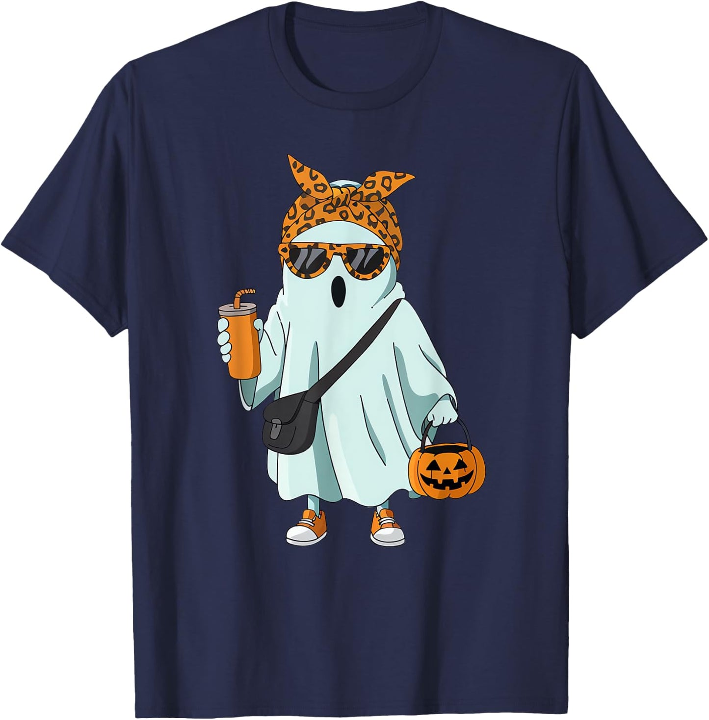 Halloween Ghost Coffee Cute Ghost Drinking Coffee Leopard T-Shirt - T-Shirt | Navy