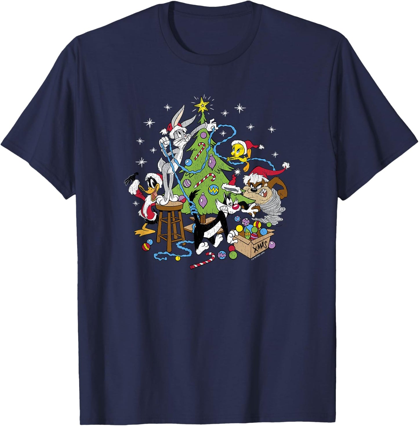 Looney Tunes Christmas Group Shot Decorate The Tree T-Shirt - T-Shirt | Navy
