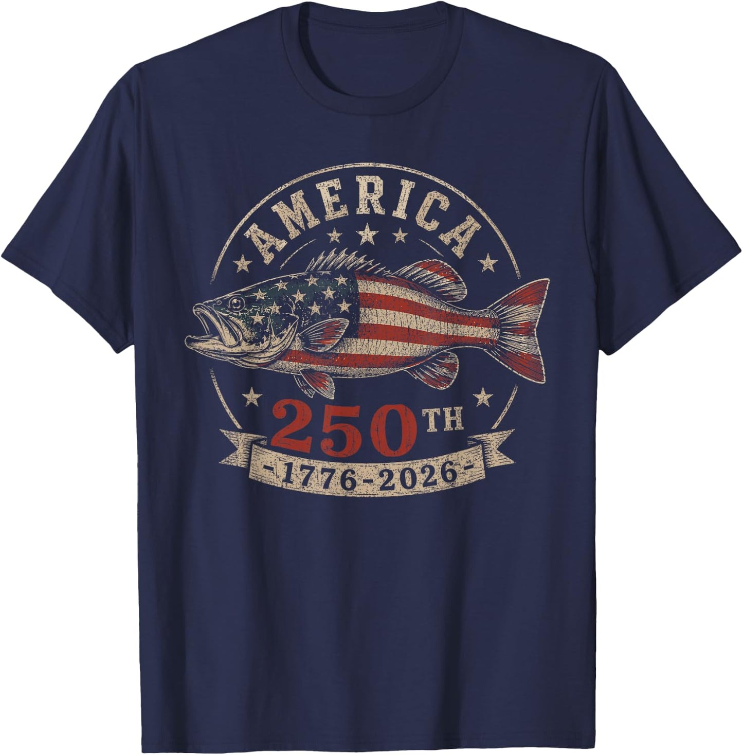 250 America Years 1776 2026 Fishing USA Flag 250th Birthday T-Shirt - T-Shirt | Navy