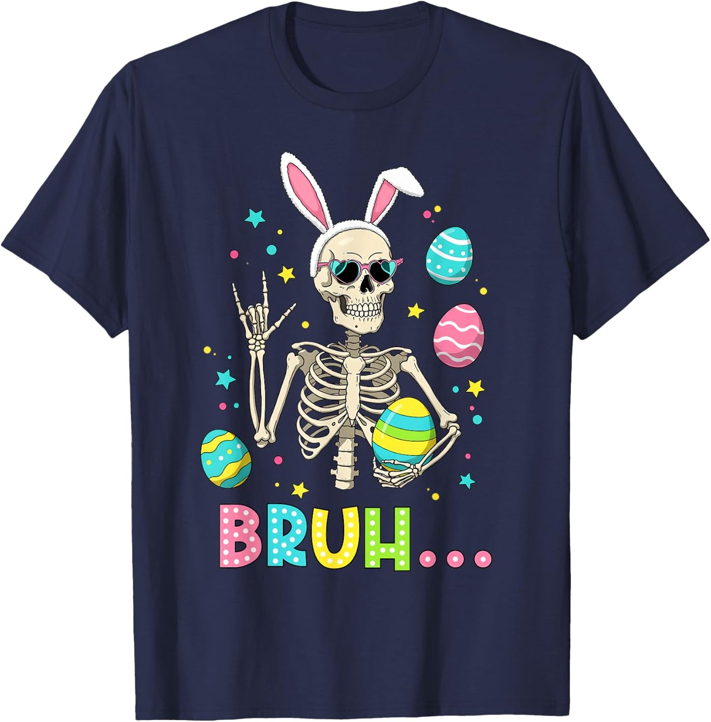 Easter Skeleton Bunny Rock Hand Rocker Men Teens Kids Boys T-Shirt - T-Shirt | Navy