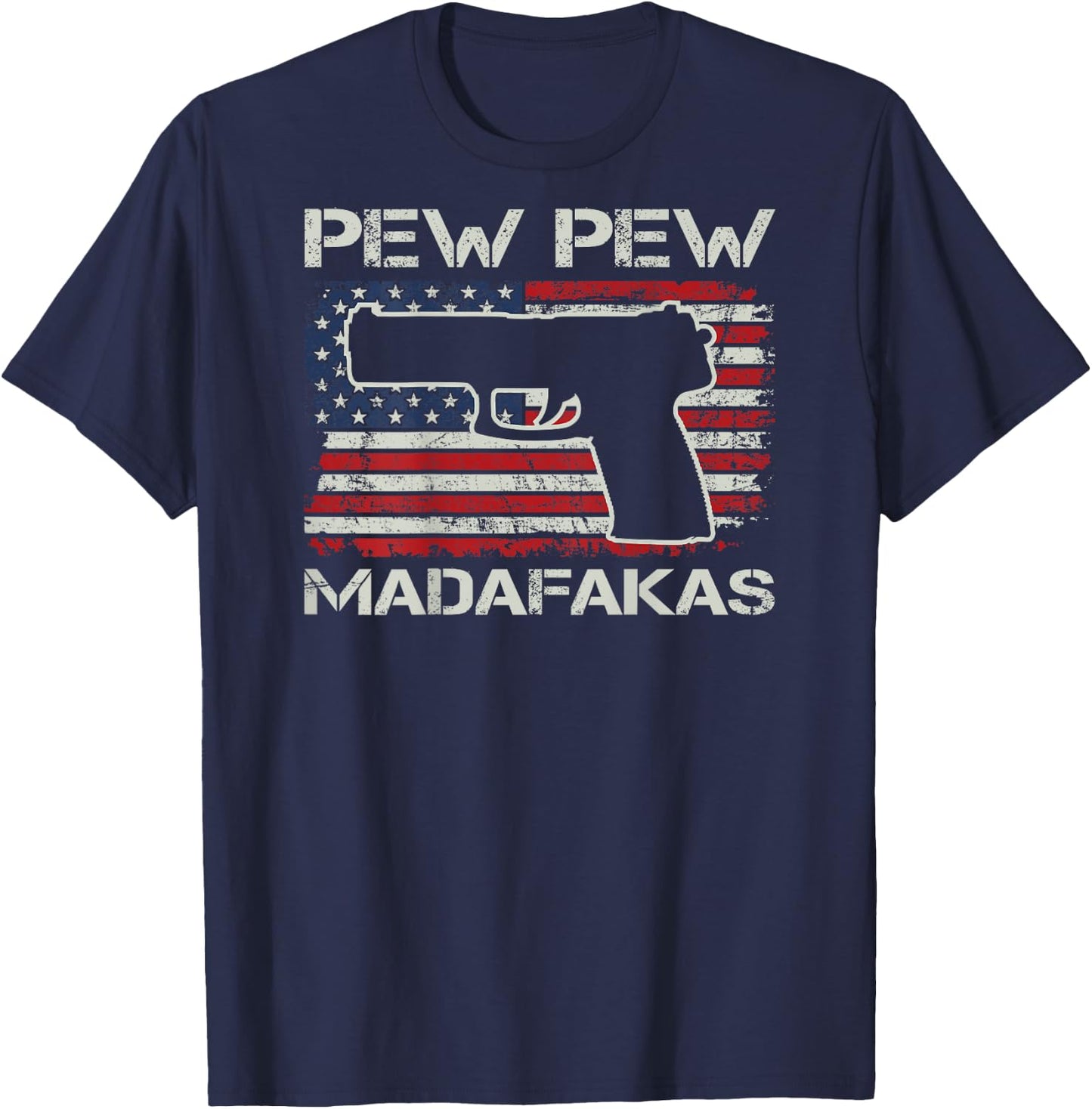 Pew Pew Madafakas - 9mm .45 Pistol USA Flag Pro Gun (BACK) Women Men T-Shirt - T-Shirt | Navy