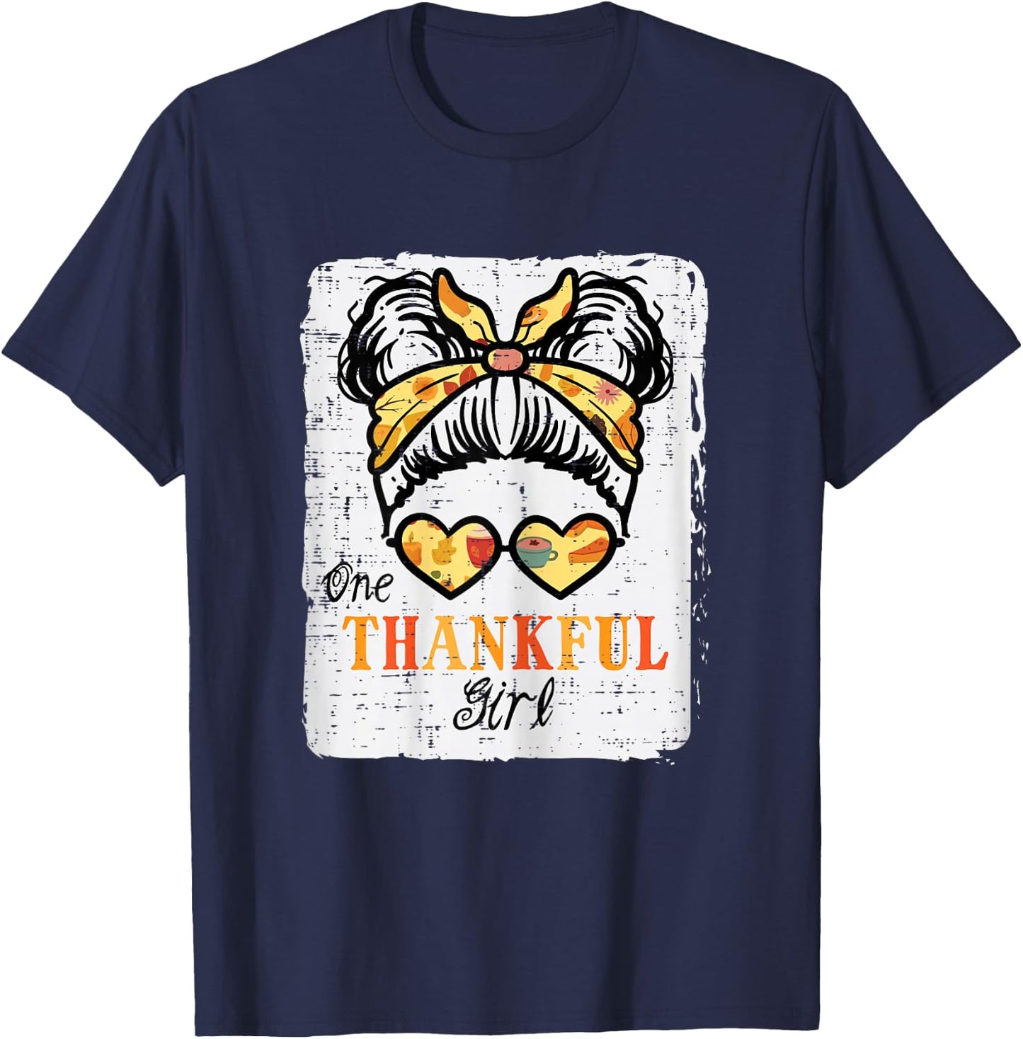 Thanksgiving One Thankful Girl Messy Bun Kids Toddler Youth T-Shirt - T-Shirt | Navy