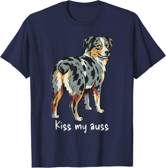 Funny Kiss My Auss Australian Shepherd Dog Mini Aussie T-Shirt - T-Shirt | Navy