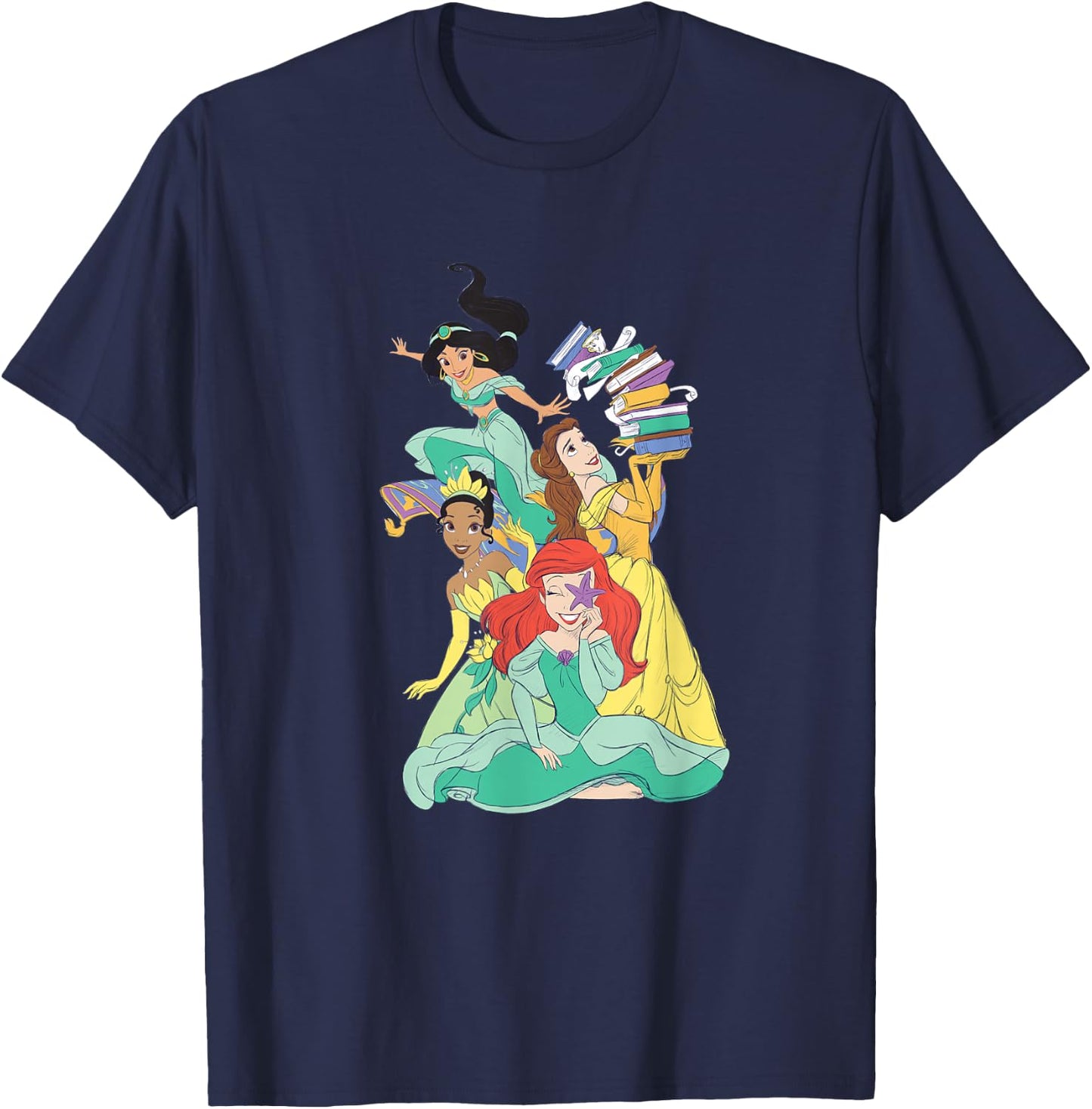 Disney Princess Jasmine Ariel Belle Tiana Pastel Art T-Shirt - T-Shirt | Navy