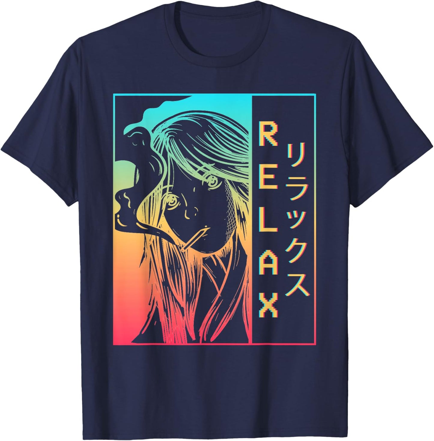 Vaporwave Aesthetic Anime Girl Sad Japanese Relax Harajuku T-Shirt - T-Shirt | Navy