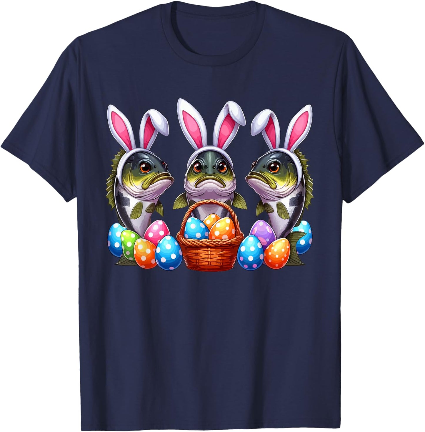 Three Easter Bunny Bass Fishes Hunting Eggs Basket Colorful T-Shirt - T-Shirt | Navy