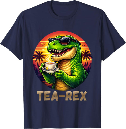 Tea Rex Funny Dinosaur Tropical Sunset T-Shirt - T-Shirt | Navy