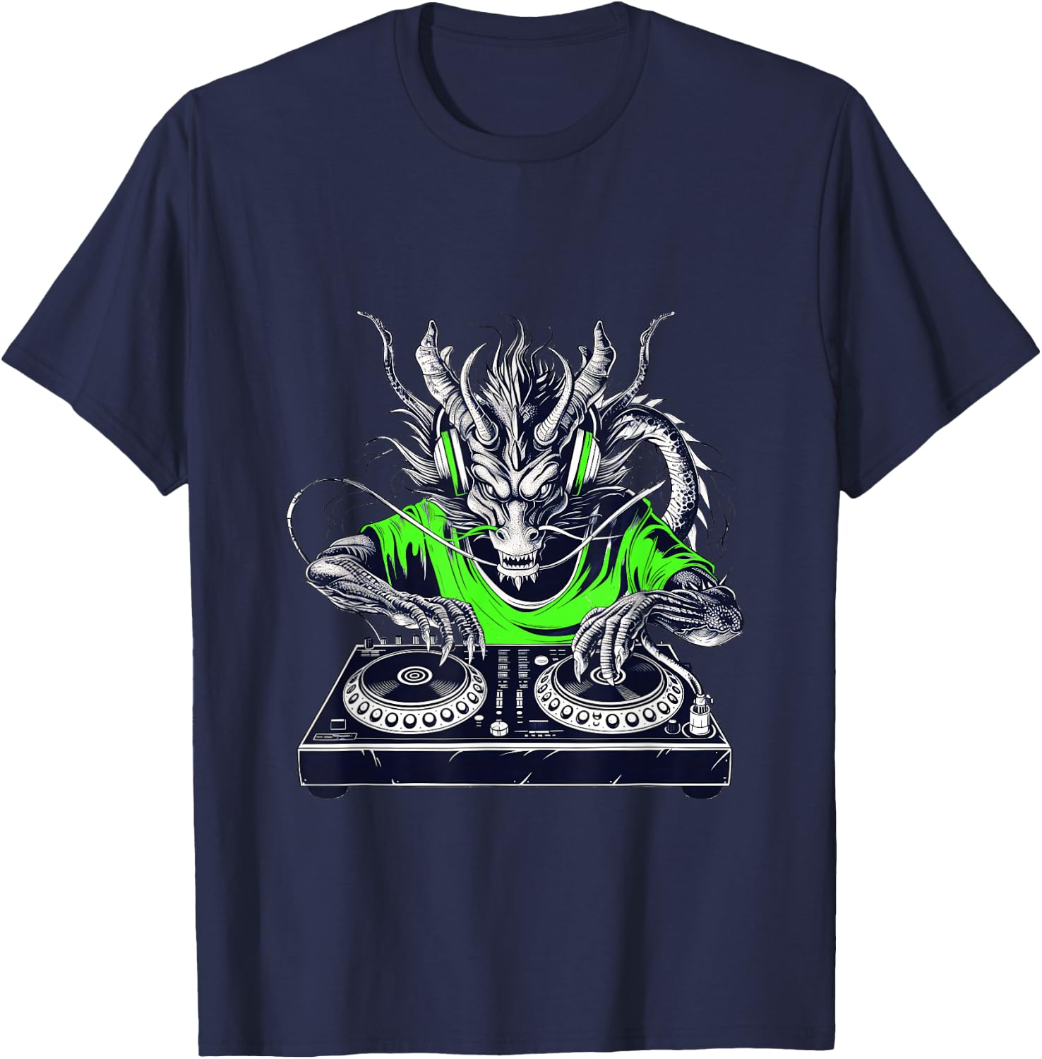 Retro vintage Rave music Festival cool dragon DJ lime green T-Shirt - T-Shirt | Navy