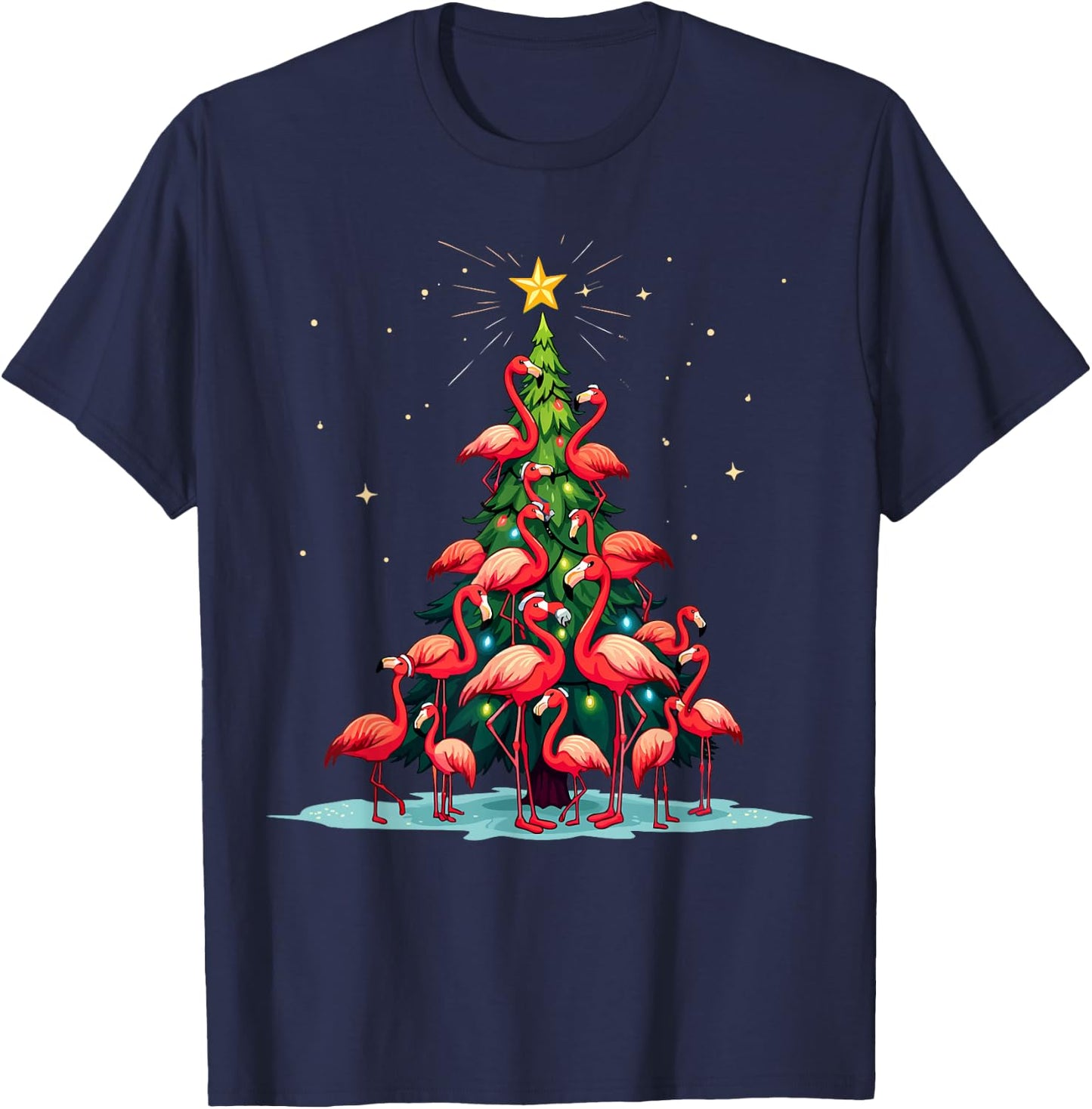 Flamingo Christmas Tree. Funny Pinkie Holiday Flamingo T-Shirt - T-Shirt | Navy
