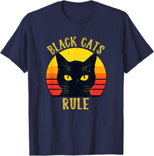 Black Cats Rule Retro Cat Eyes Sunset Fun T-Shirt - T-Shirt | Navy