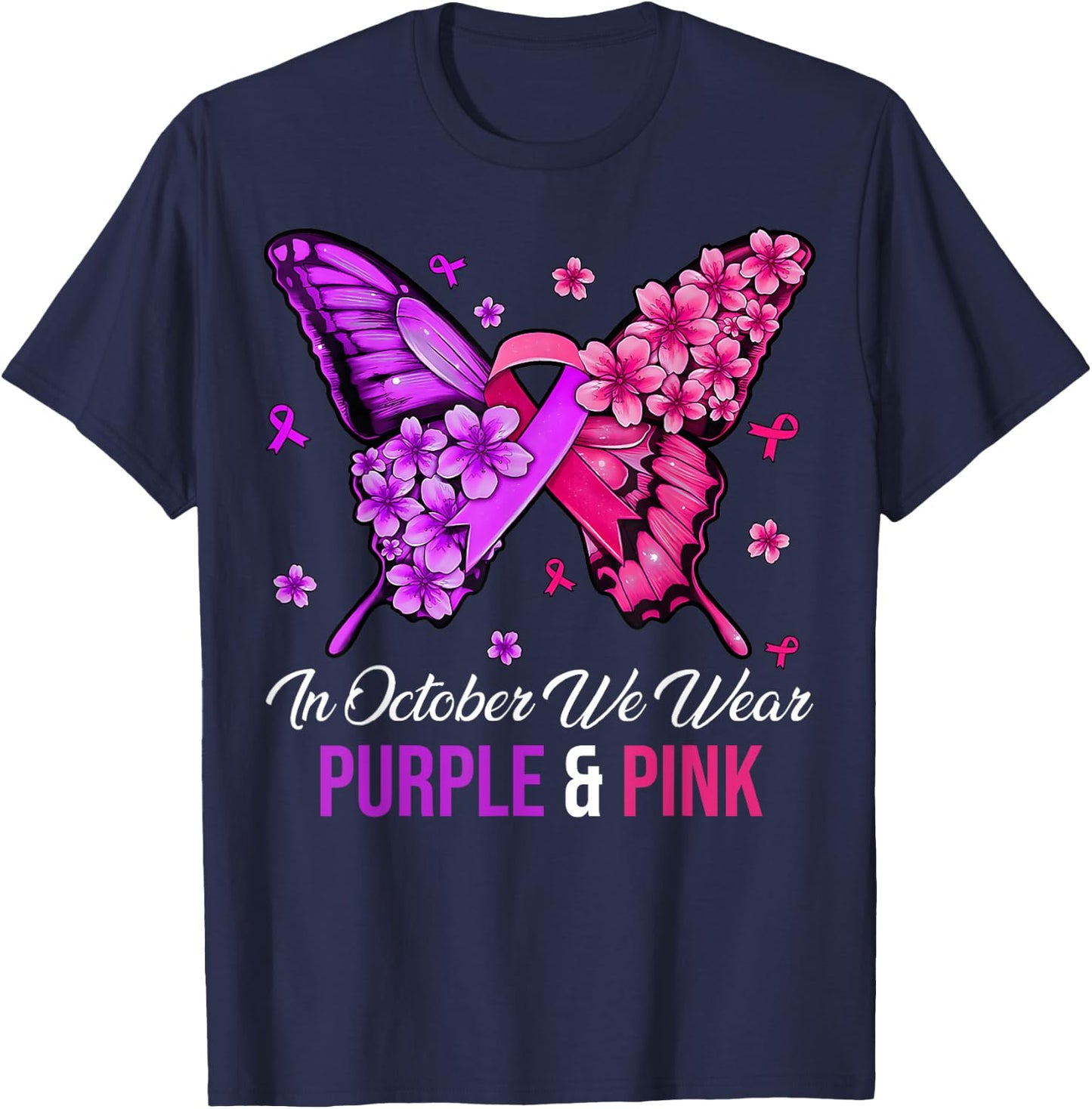 Breast Cancer And Domestic Violence Awareness Butterfly T-Shirt - T-Shirt | Navy