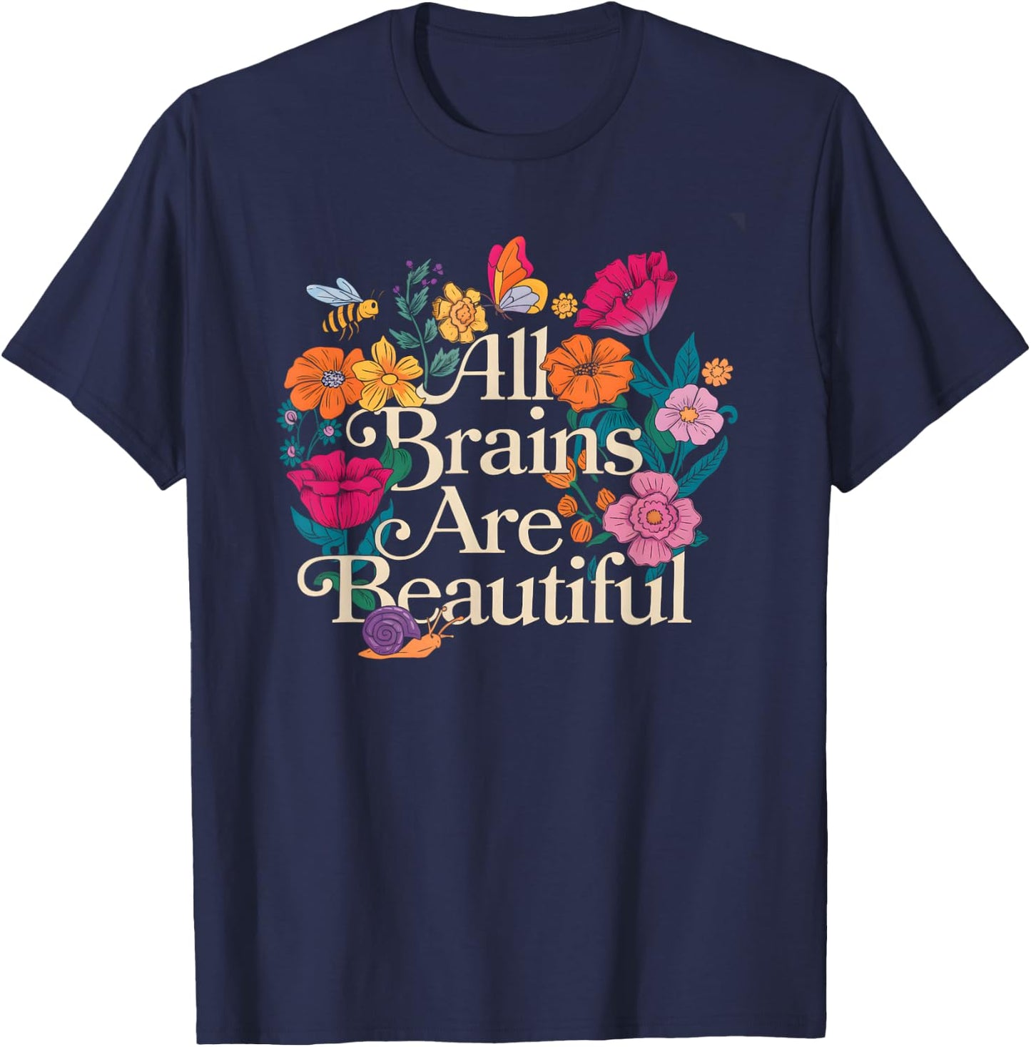 Groovy All Brains Are Beautiful Floral Autism Awareness SPED T-Shirt - T-Shirt | Navy