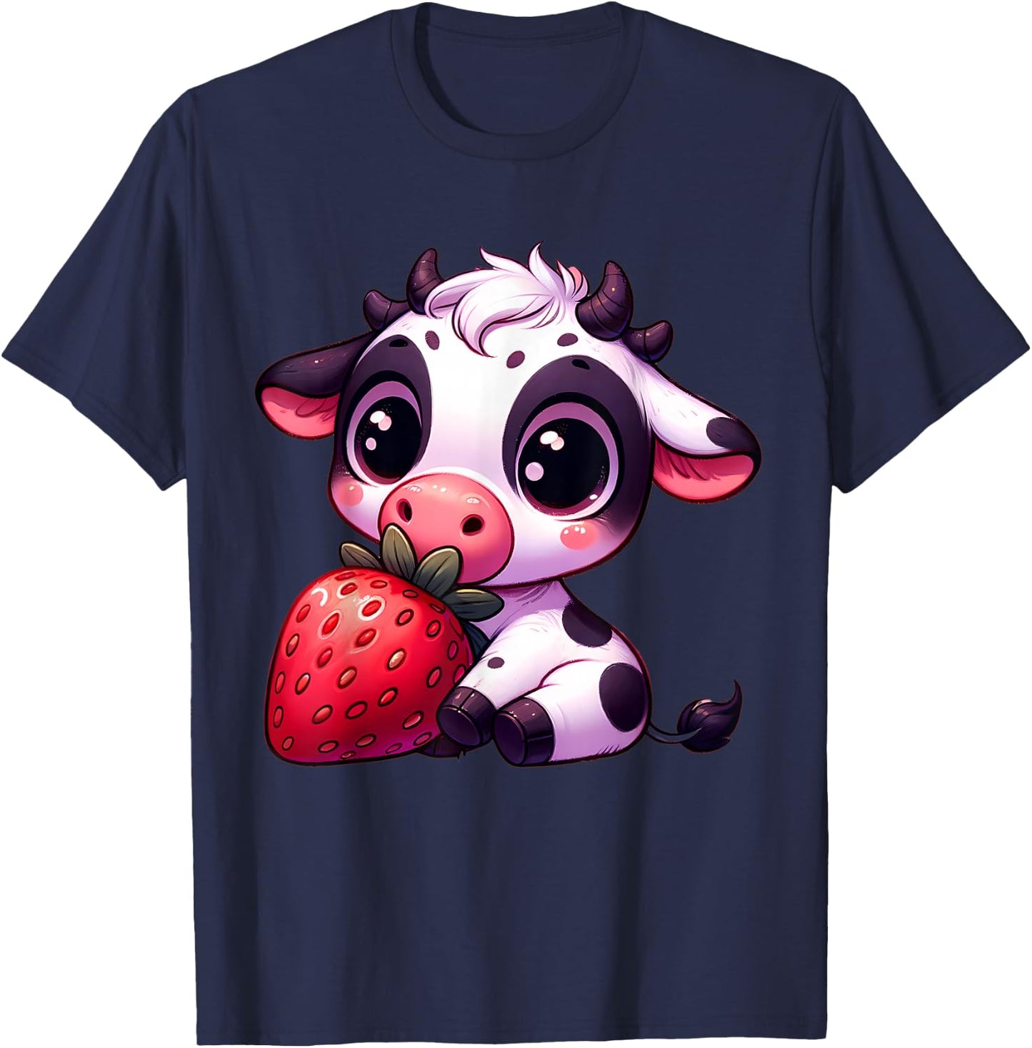 Cute Cow Eating Strawberry Kawaii Farm Animal Men Women Kids T-Shirt - T-Shirt | Navy