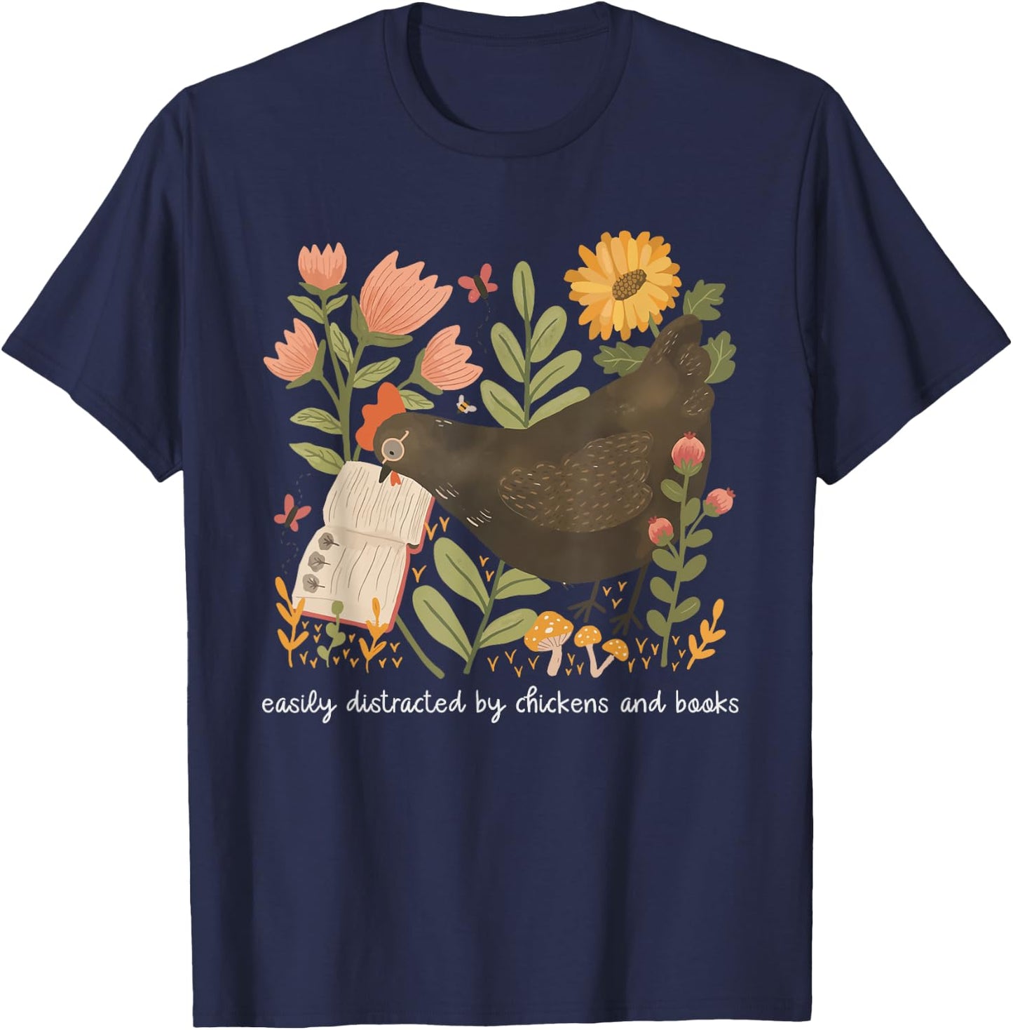 Easily Distracted By Chickens And Books Chicken Book Lover T-Shirt - T-Shirt | Navy