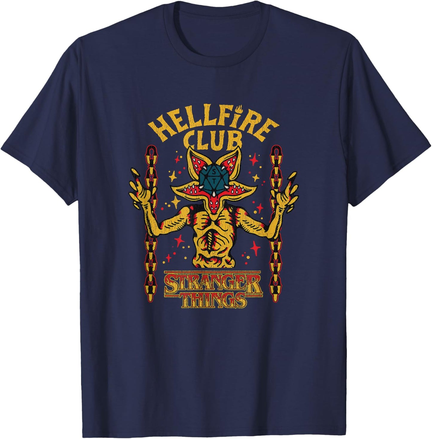 Stranger Things Distressed Hellfire Club Neon Demogorgon T-Shirt - T-Shirt | Navy