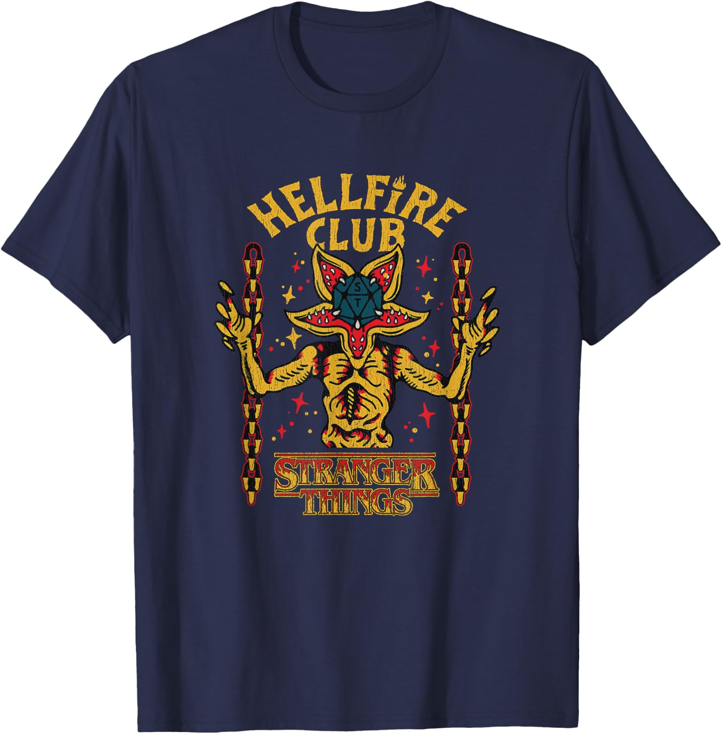 Stranger Things Distressed Hellfire Club Neon Demogorgon T-Shirt - T-Shirt | Navy