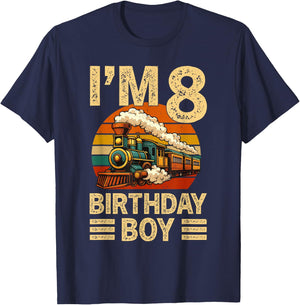 It's My 8th Birthday Boy Retro Train 8 Years Old Kids T-Shirt - T-Shirt | Navy
