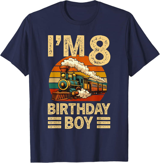 It's My 8th Birthday Boy Retro Train 8 Years Old Kids T-Shirt - T-Shirt | Navy
