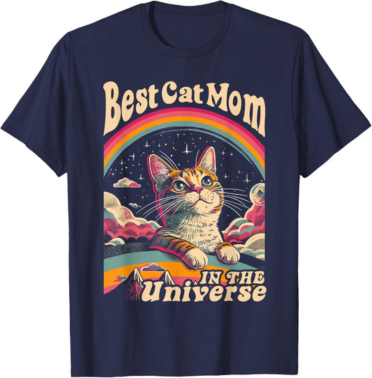 Best Cat Mom In The Universe 60s 70s Hippie Aesthetic Women T-Shirt - T-Shirt | Navy