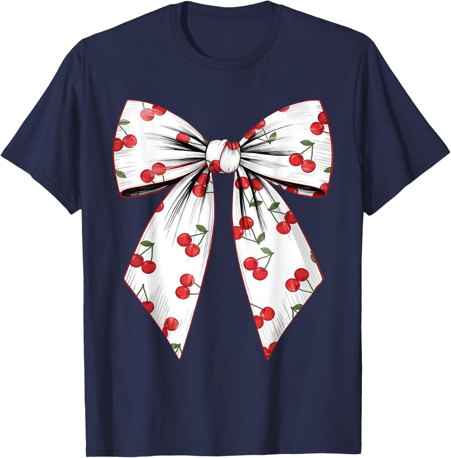 Cherry Coquette Bow Red Cherry Pattern T-Shirt - T-Shirt | Navy