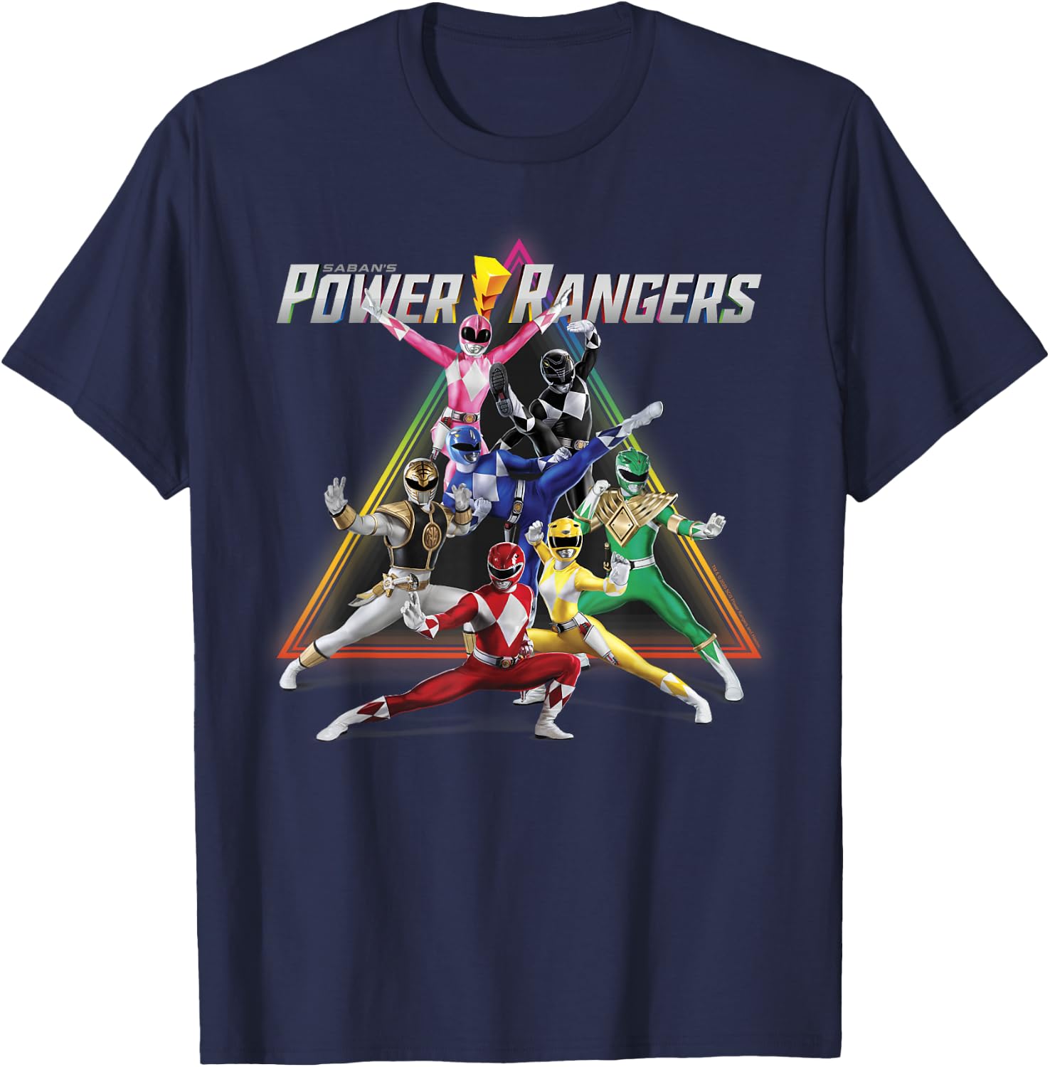 Power Rangers Rainbow Pyramid Retro Action Portrait Small T-Shirt - T-Shirt | Navy