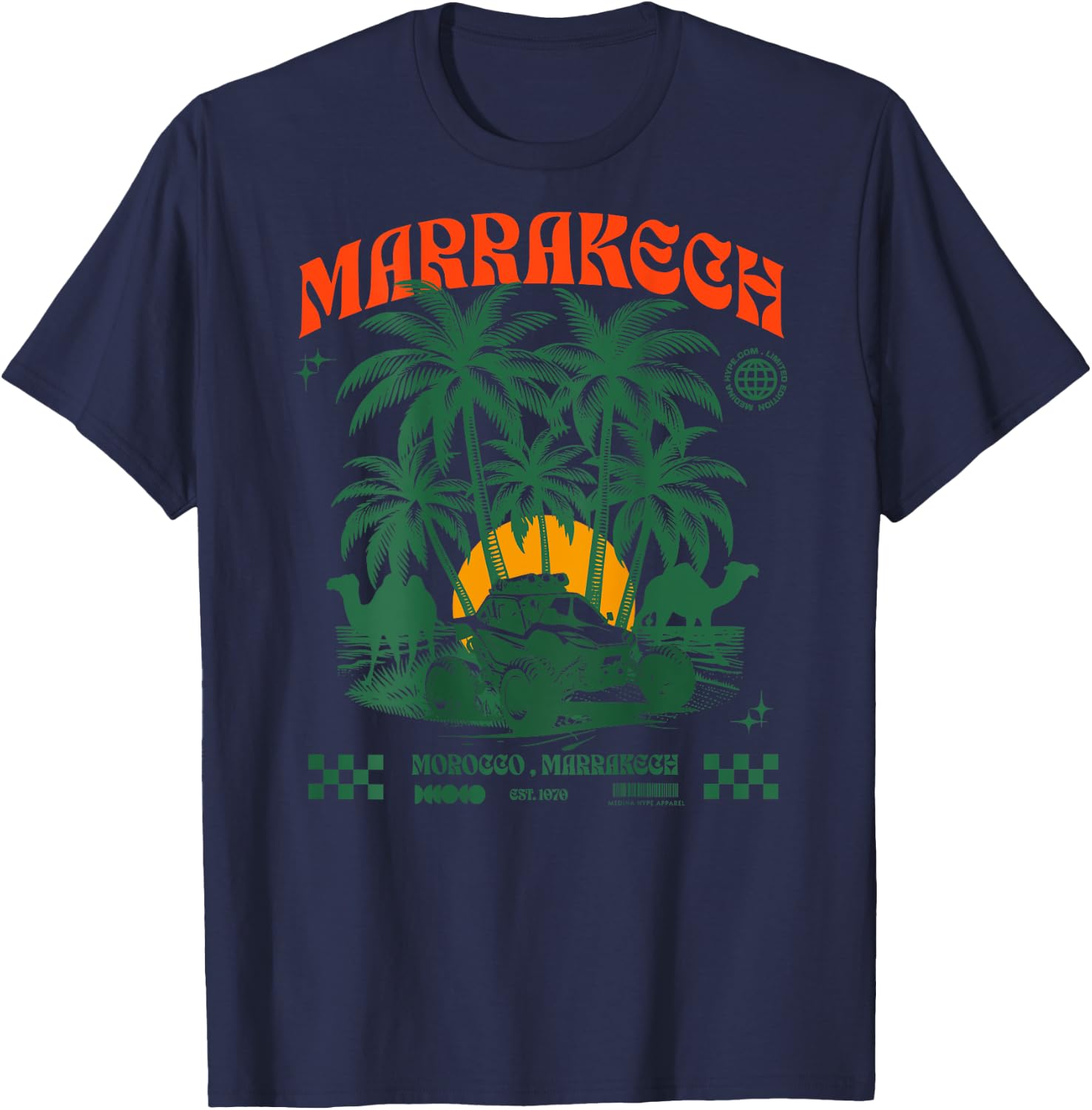 Marrakech Sunset Palm Trees Camel Morocco Lovers T-Shirt - T-Shirt | Navy