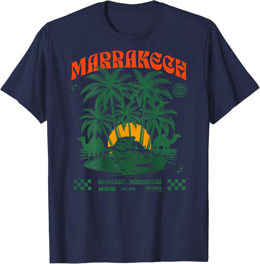 Marrakech Sunset Palm Trees Camel Morocco Lovers T-Shirt - T-Shirt | Navy