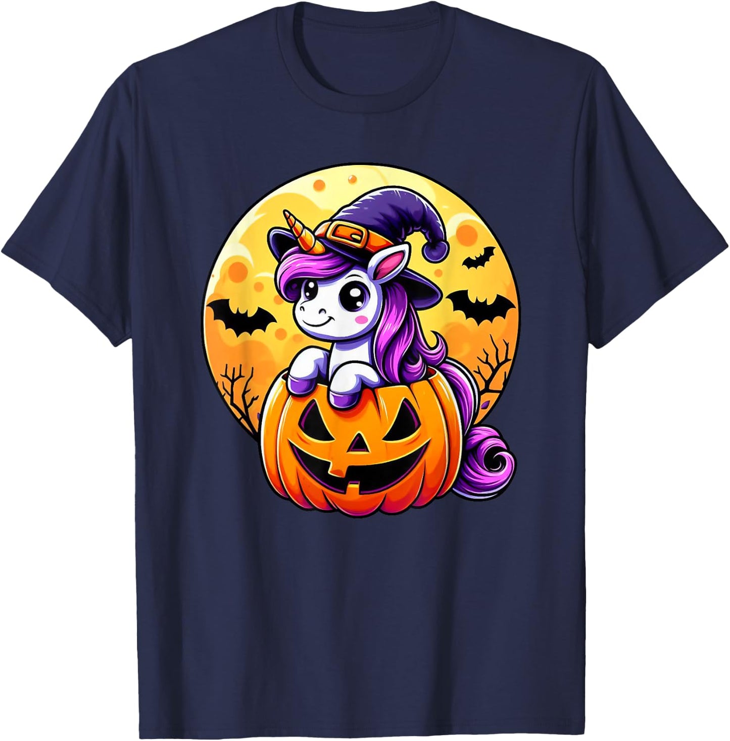 Halloween Cute Unicorn Witch Hat Pumpkin Funny For Kid Girl T-Shirt - T-Shirt | Navy
