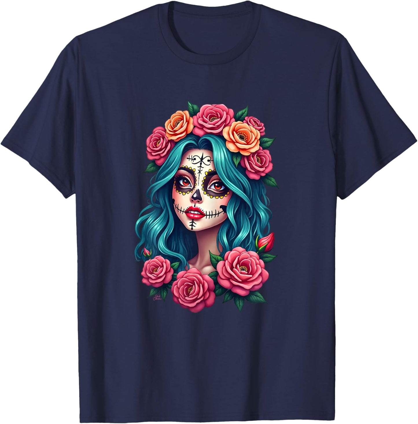 Dia de los Muertos Head Mexican Woman Mexico Sugar Skull , Black, Female X-Small T-Shirt - T-Shirt | Navy