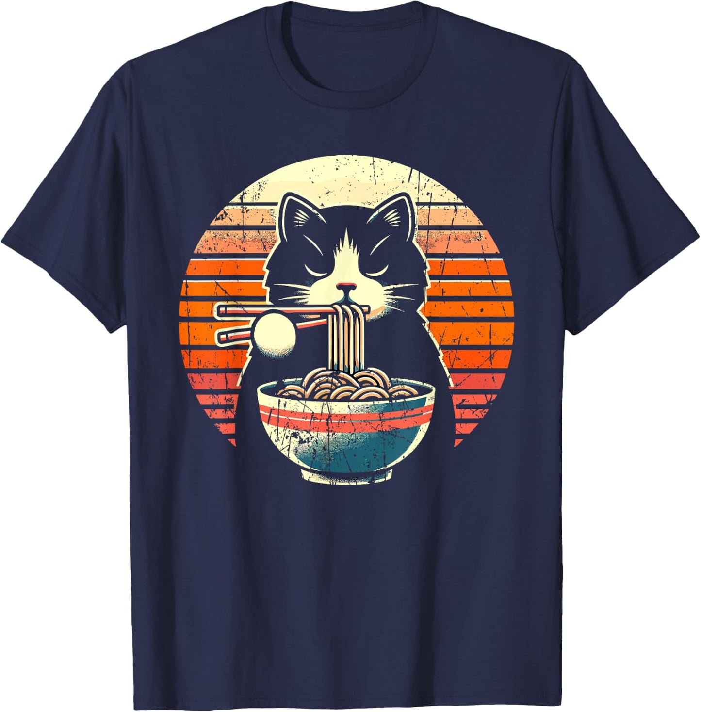 Anime Ramen Cat Retro Japanese Noodles Kawaii Cat T-Shirt - T-Shirt | Navy