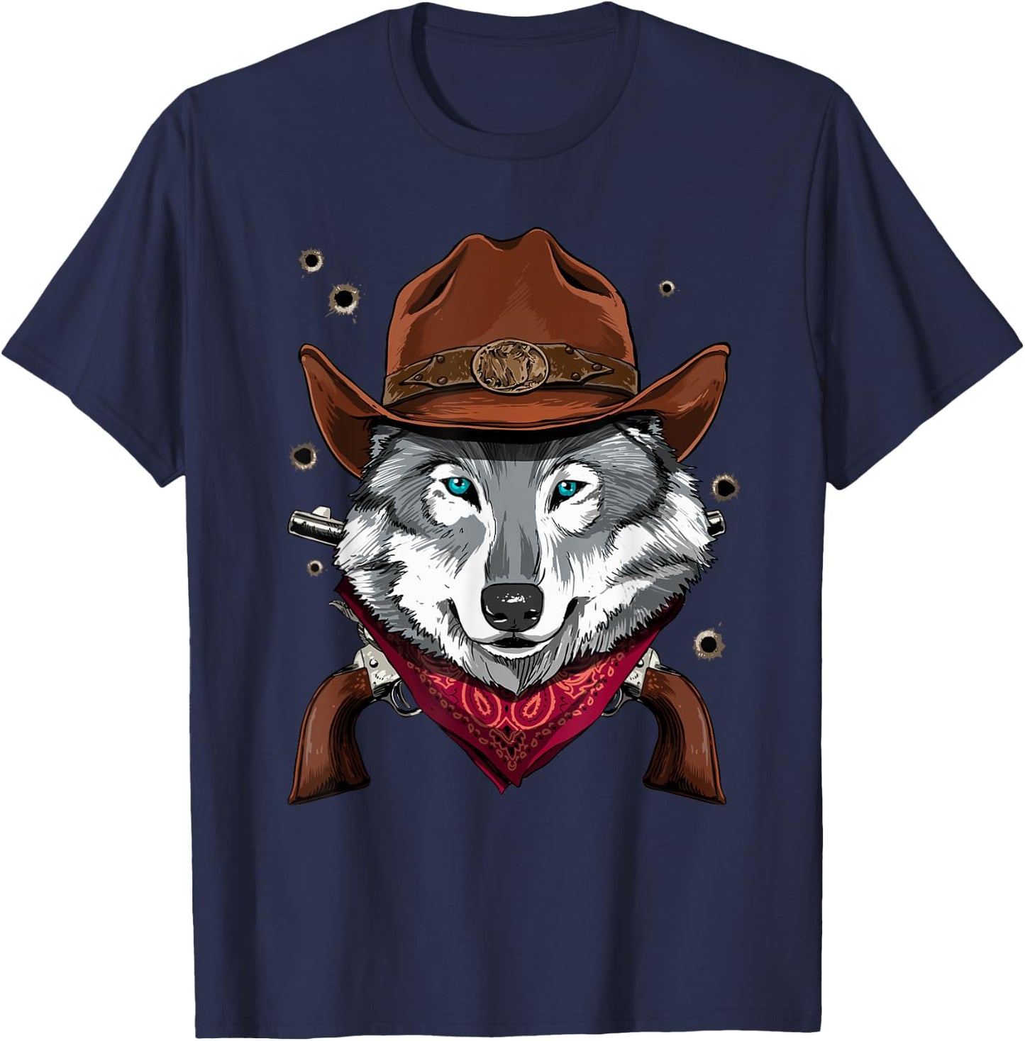 Cowboy Wolf Western Rodeo Cowboy Hat and Bandana T-Shirt - T-Shirt | Navy