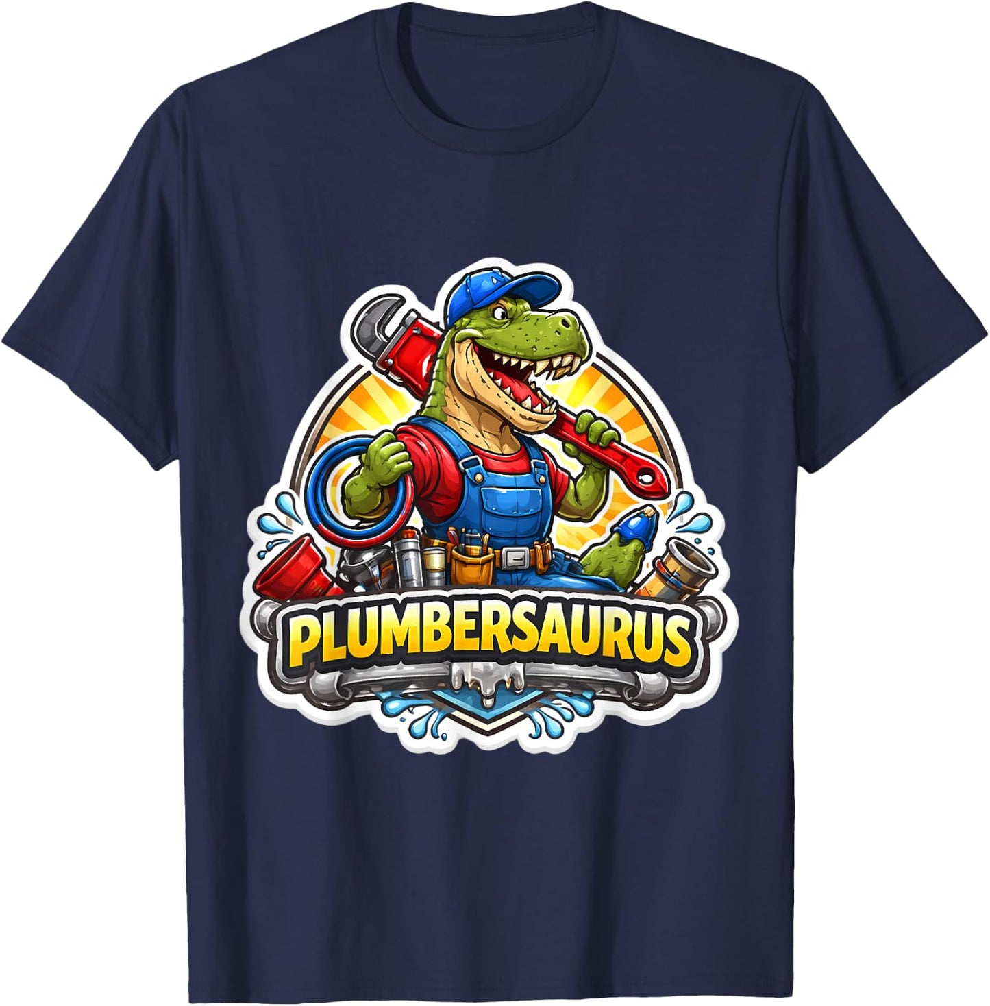 Plumbersaurus Plumber Dinosaur Dino T-rex Plumbing Funny Fun T-Shirt - T-Shirt | Navy