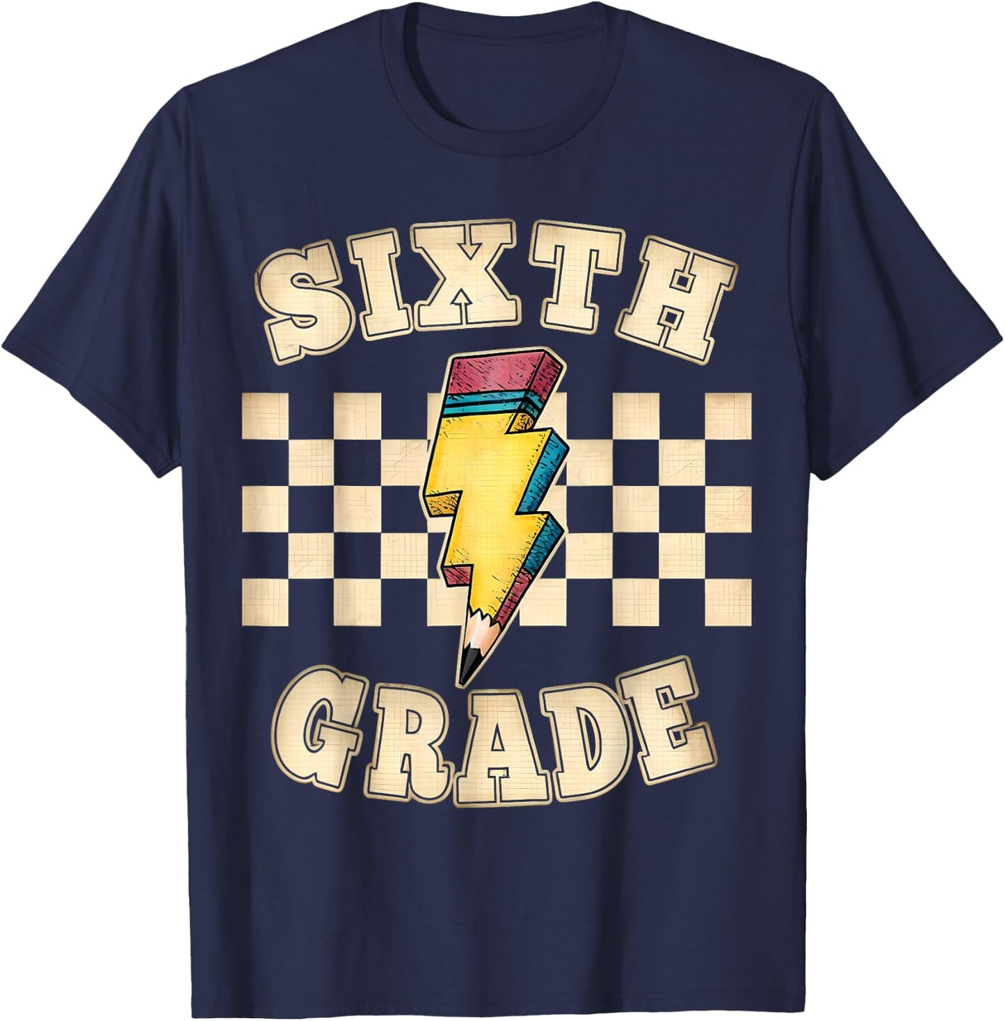 Retro 6th Sixth Grade Teacher Lightning Bolt Pencil Teacher T-Shirt - T-Shirt | Navy