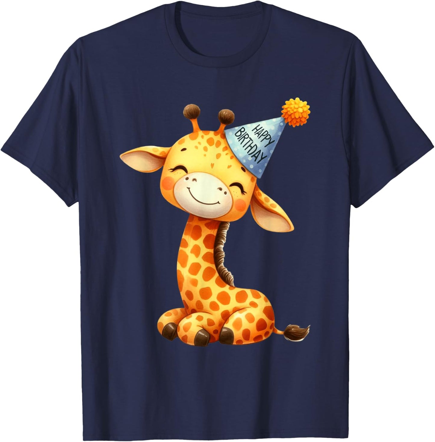 Cute Giraffe Happy Birthday Party Hat Kids T-Shirt - T-Shirt | Navy