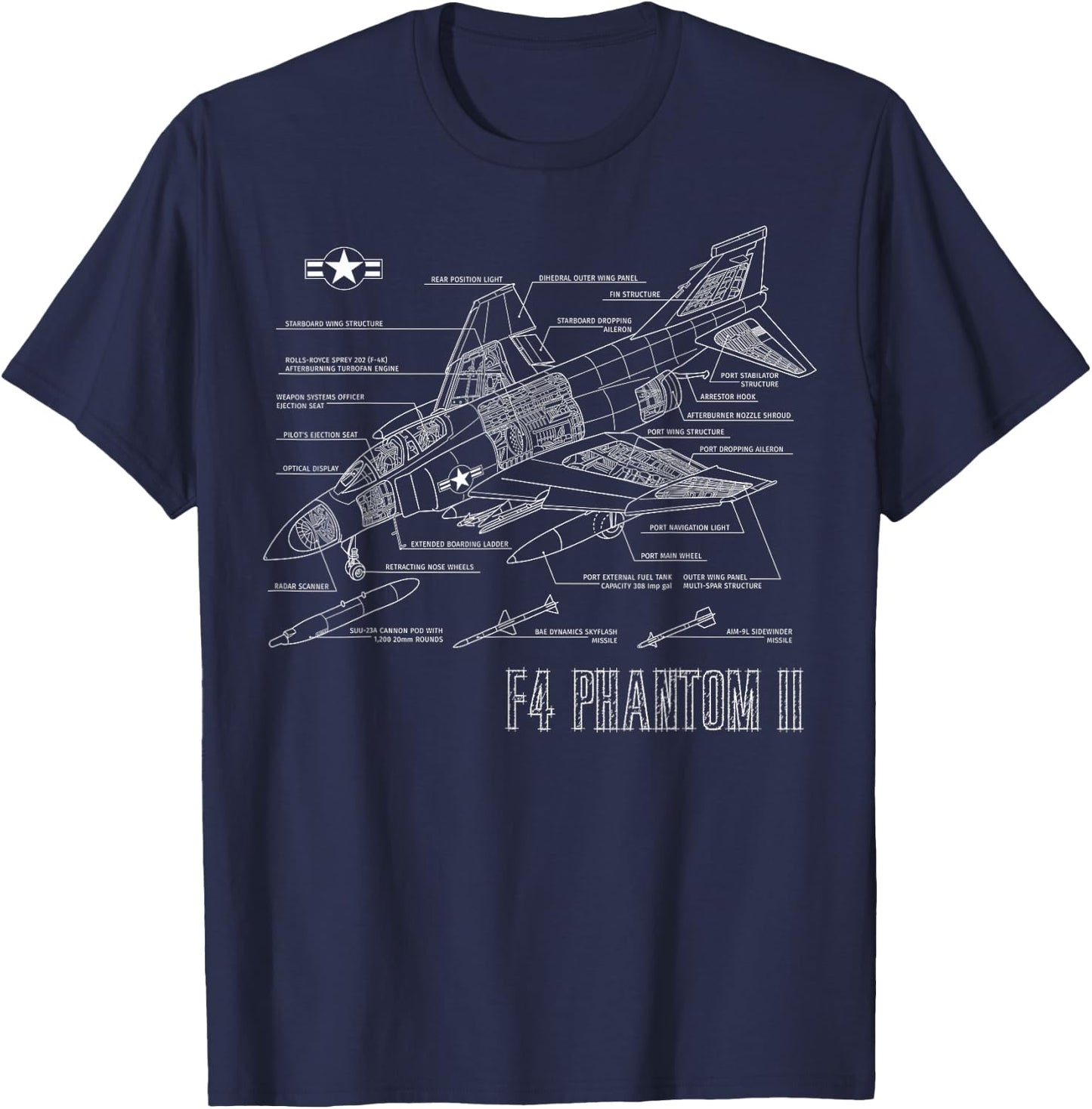 Vintage F4 Phantom II Jet Military Aviation Blueprint Gift T-Shirt - T-Shirt | Navy