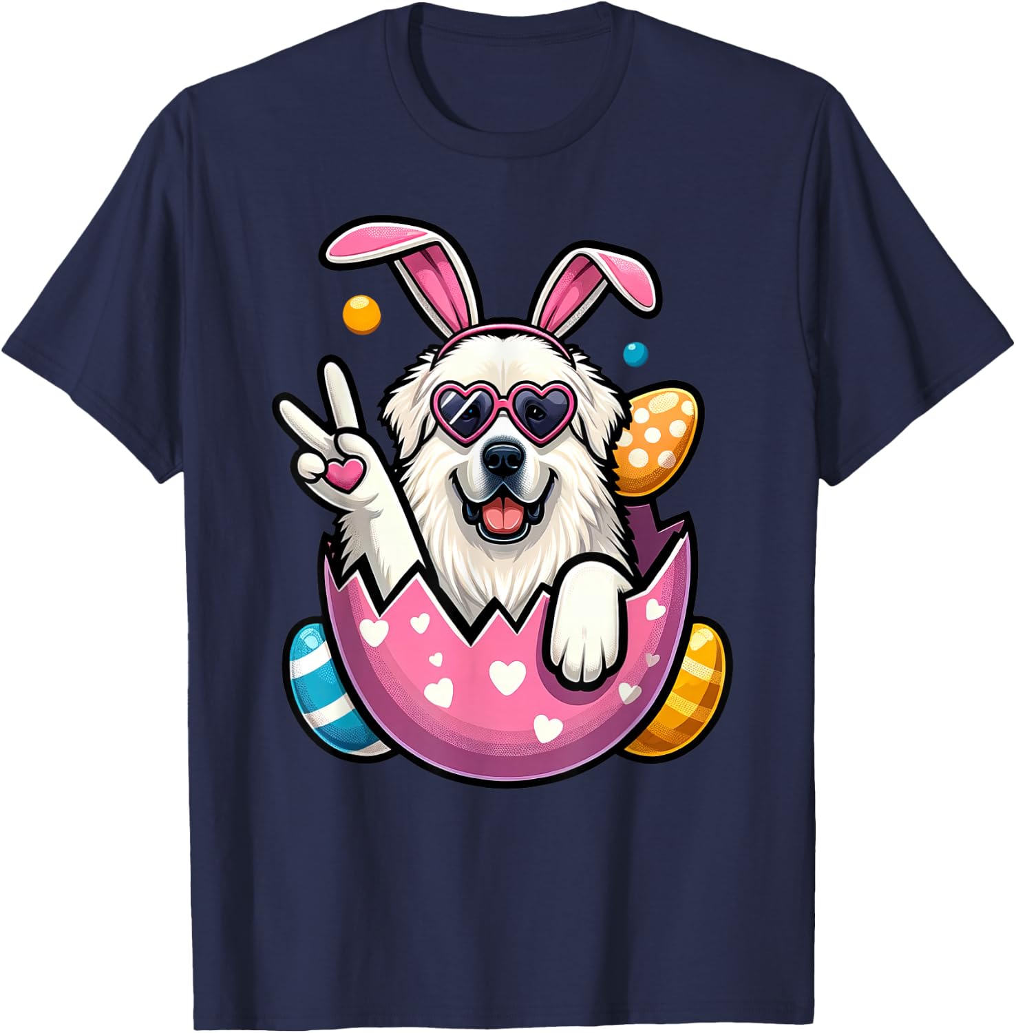 Peace Sign Hand Great Pyrenees Bunny Kids Easter T-Shirt - T-Shirt | Navy