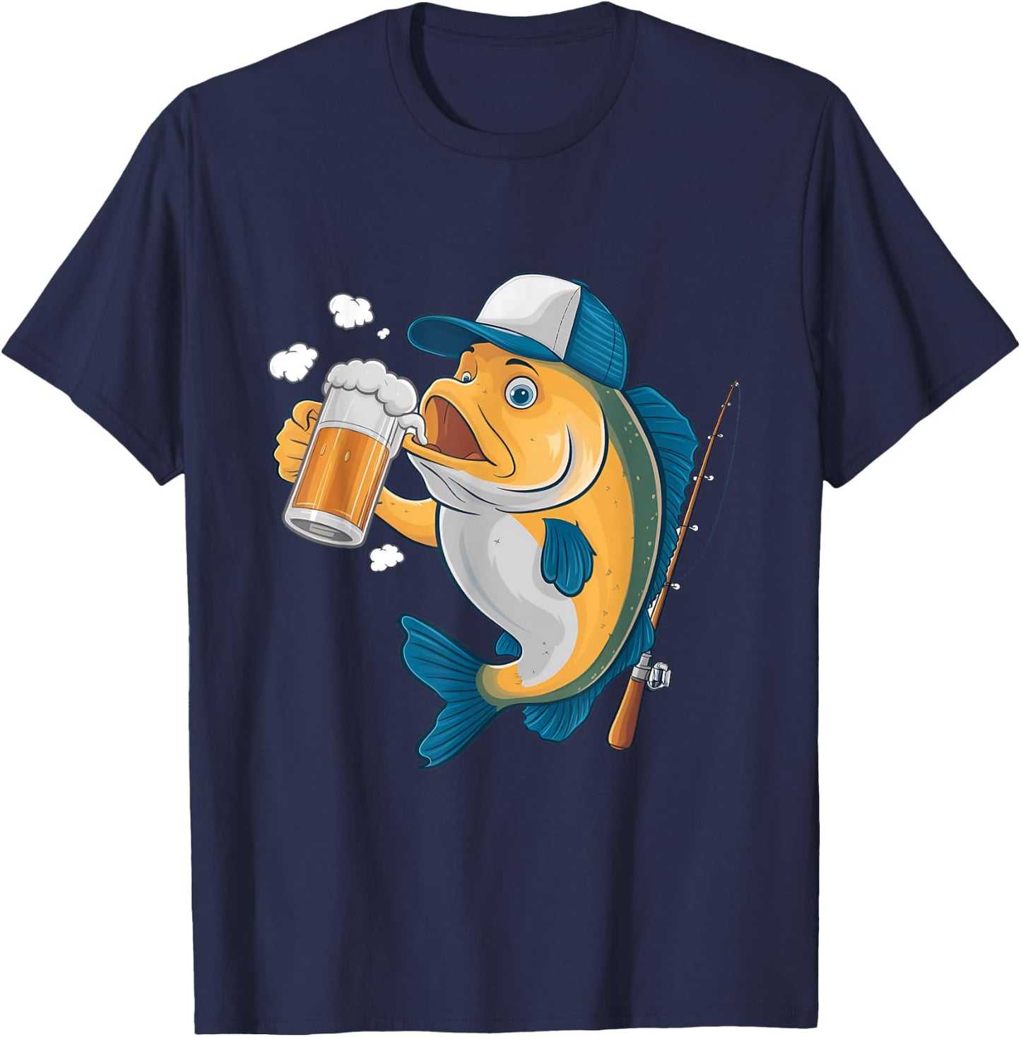 A fish drinking beer wearing a cap Design T-Shirt - T-Shirt | Navy