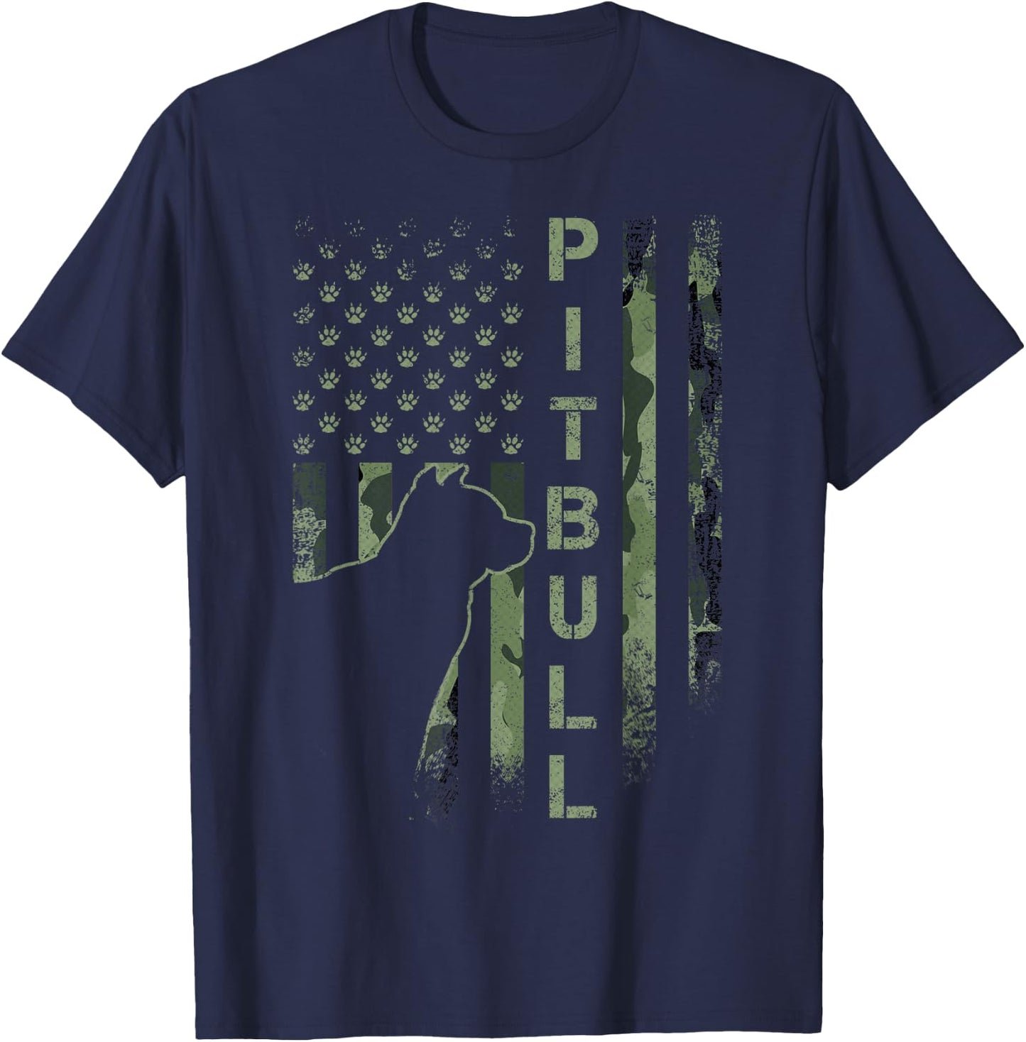 Vintage USA American Camo Flag Pitbull Dog Silhouette Pittie T-Shirt - T-Shirt | Navy