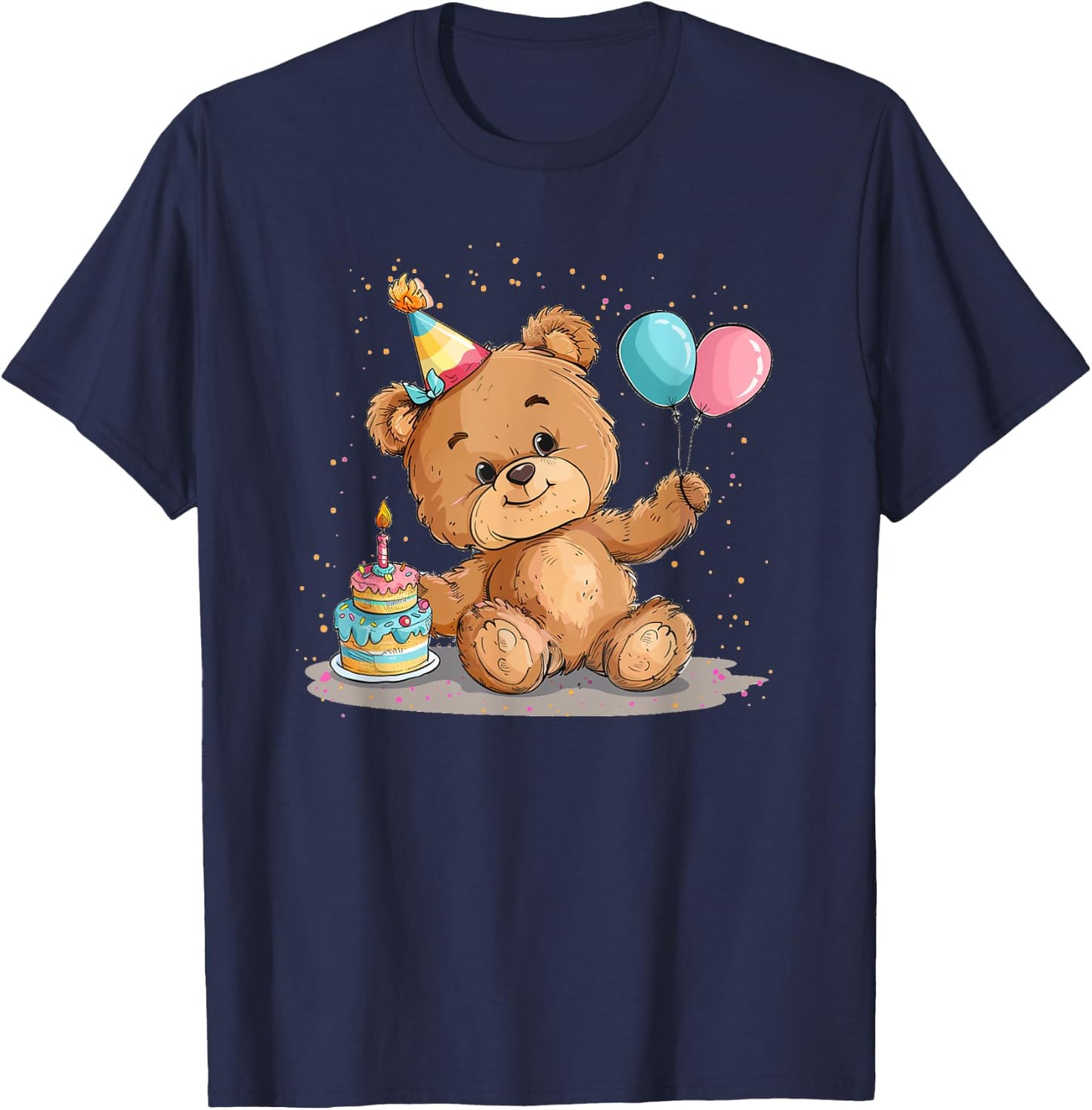 Pretty Teddy Bear with Party Hat and Birthday Balloons T-Shirt - T-Shirt | Navy
