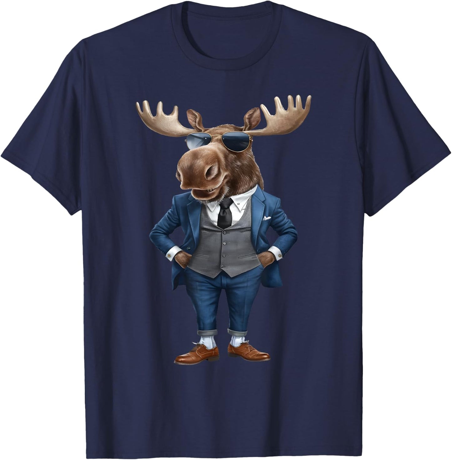 Moose Men Woman Moose In Suit - Black - Small - -Adult - Short Sleeve - Cotton, Polyester - Machine Wash T-Shirt - T-Shirt | Navy