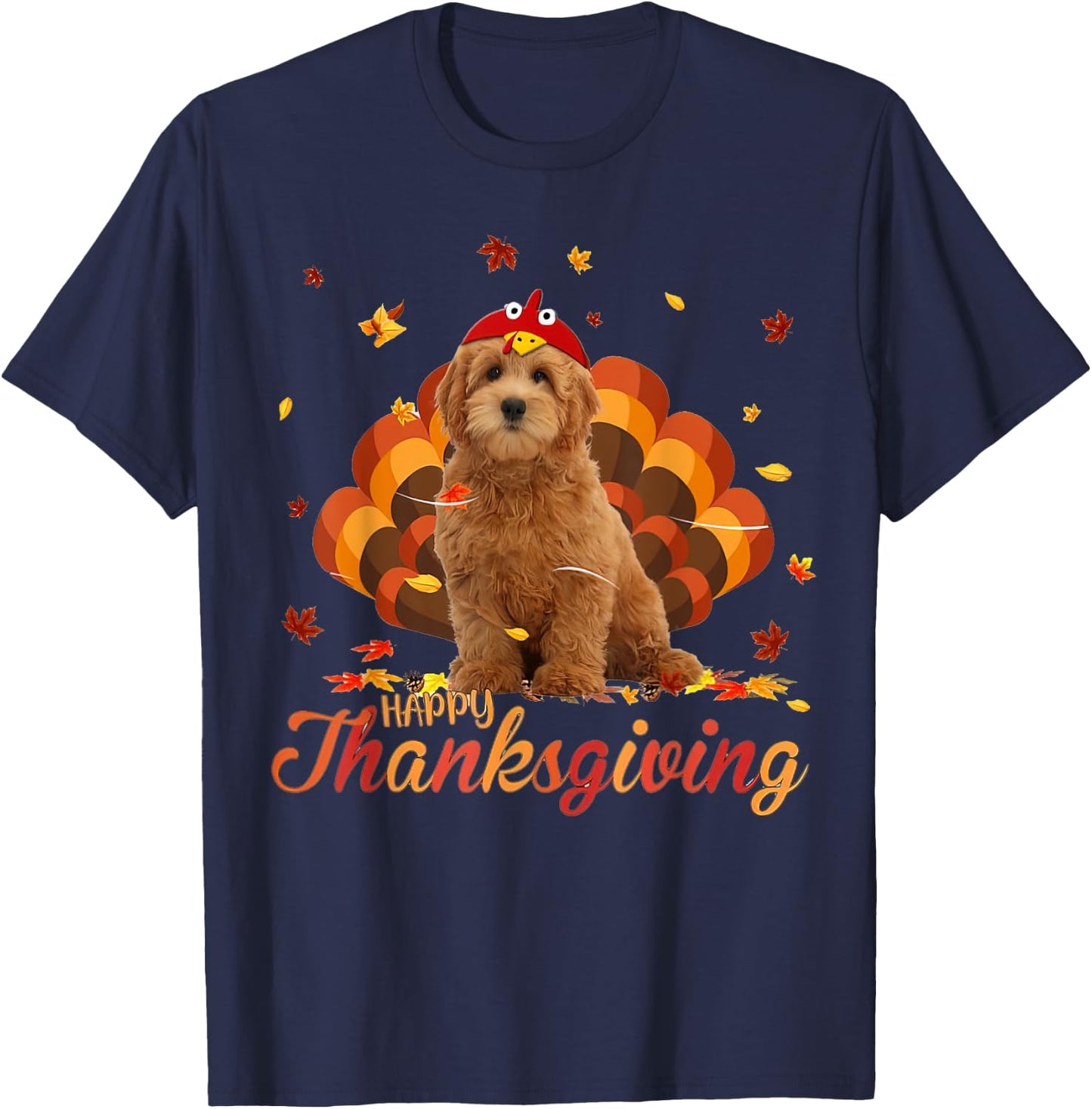 Cute Goldendoodle Happy Thanksgiving Turkey Dog Crispy Leaf Men Women T-Shirt - T-Shirt | Navy