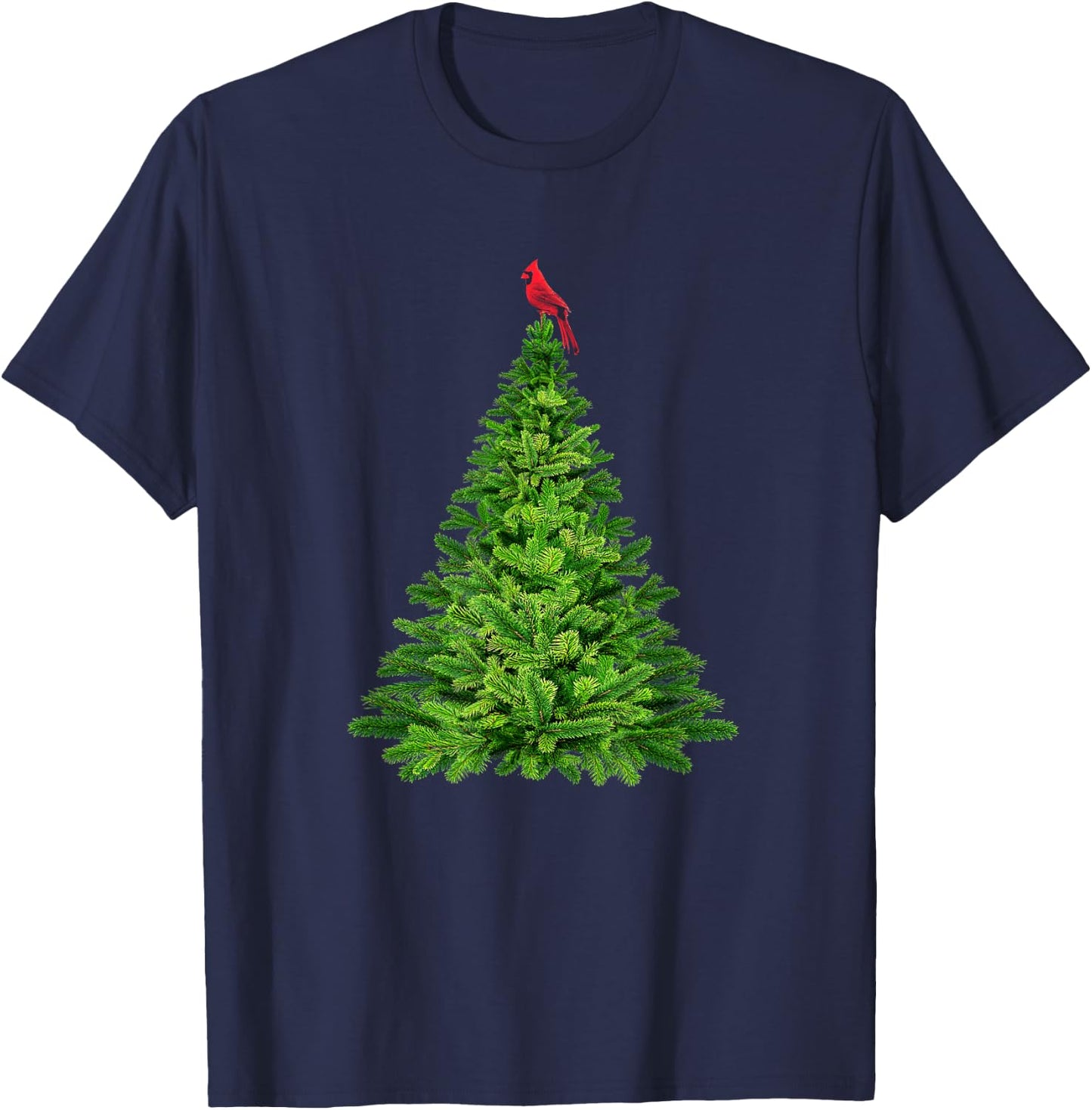 Cardinal Red Bird in Pine Tree Christmas T-Shirt - T-Shirt | Navy