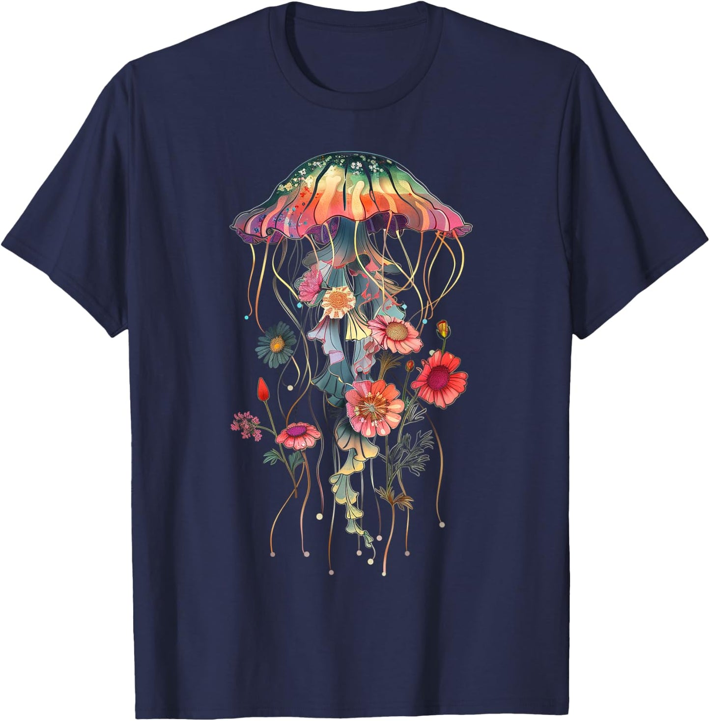 Jellyfish Flowers Vintage Floral Scuba Diving Surf T-Shirt - T-Shirt | Navy