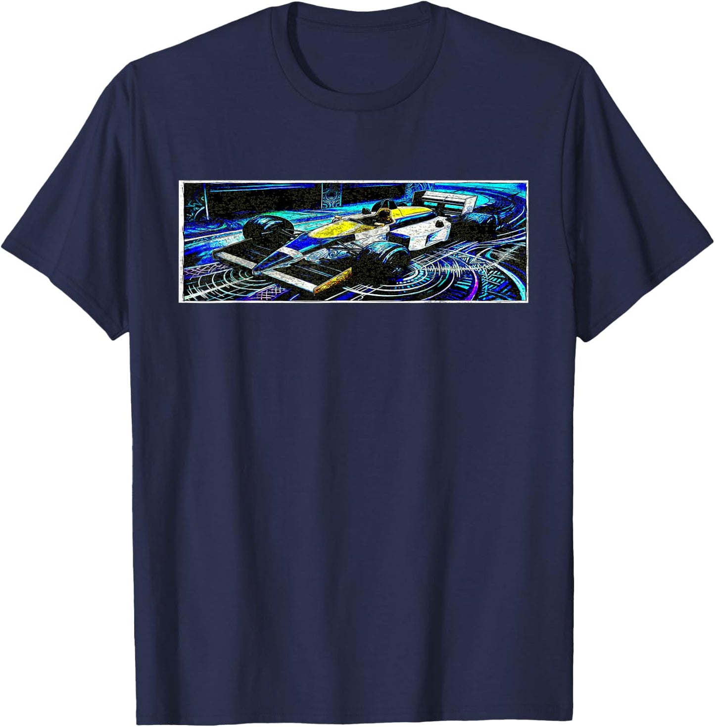 Dark Retro Racing Car Psychedelic Synthwave Graphic T-Shirt - T-Shirt | Navy