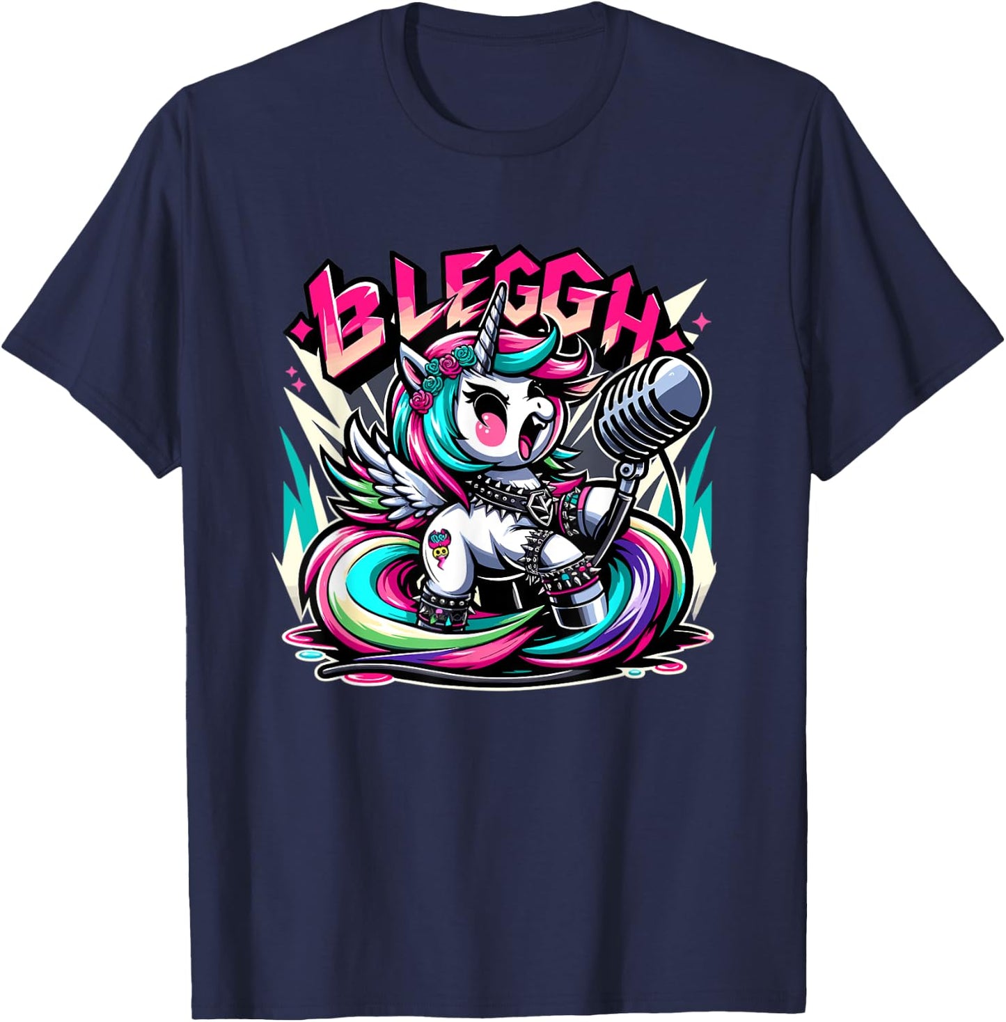 Blegh - Metalcore Unicorn Screaming Into a Microphone T-Shirt - T-Shirt | Navy