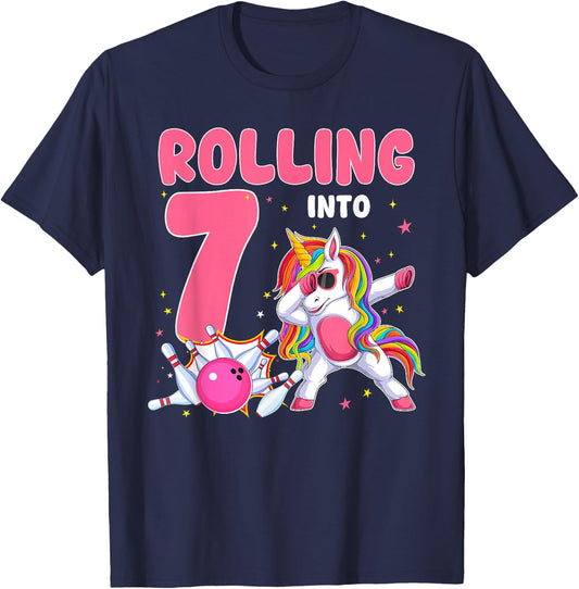 Rolling Into 7 7th Birthday Unicorn Bowling 7 Year Old T-Shirt - T-Shirt | Navy