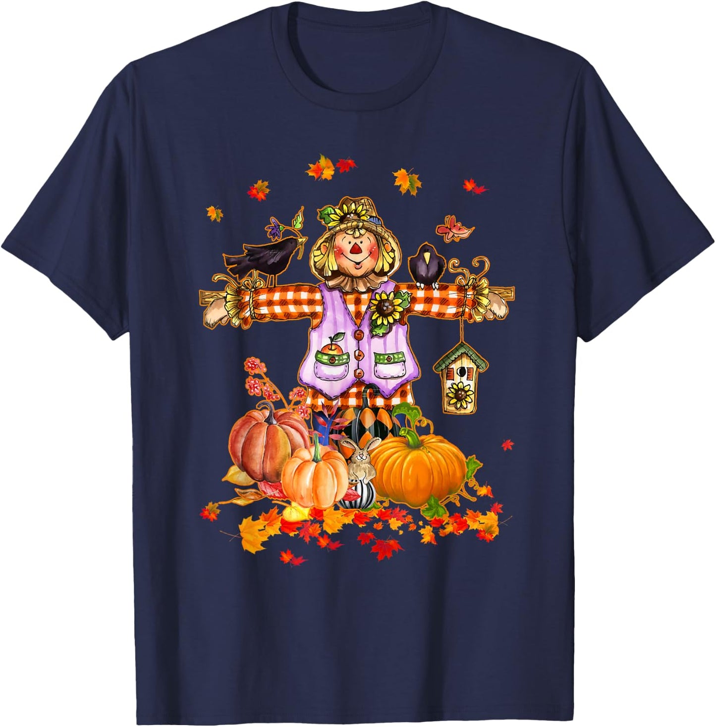 Scarecrow Autumn Hello Fall Pumpkin Thanksgiving Halloween T-Shirt - T-Shirt | Navy