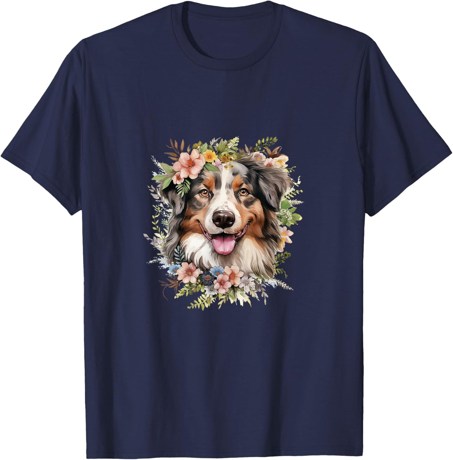 Australian Shepherd Dog With Flowers Vintage Pastel Floral T-Shirt - T-Shirt | Navy