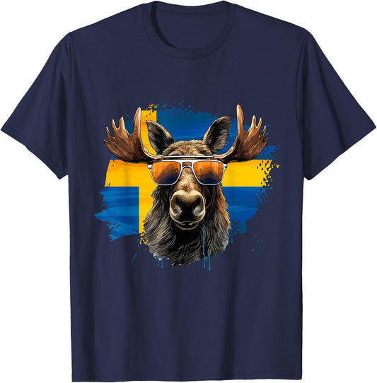 Swedish Moose with Sunglasses and the Swedish Flag T-Shirt - T-Shirt | Navy